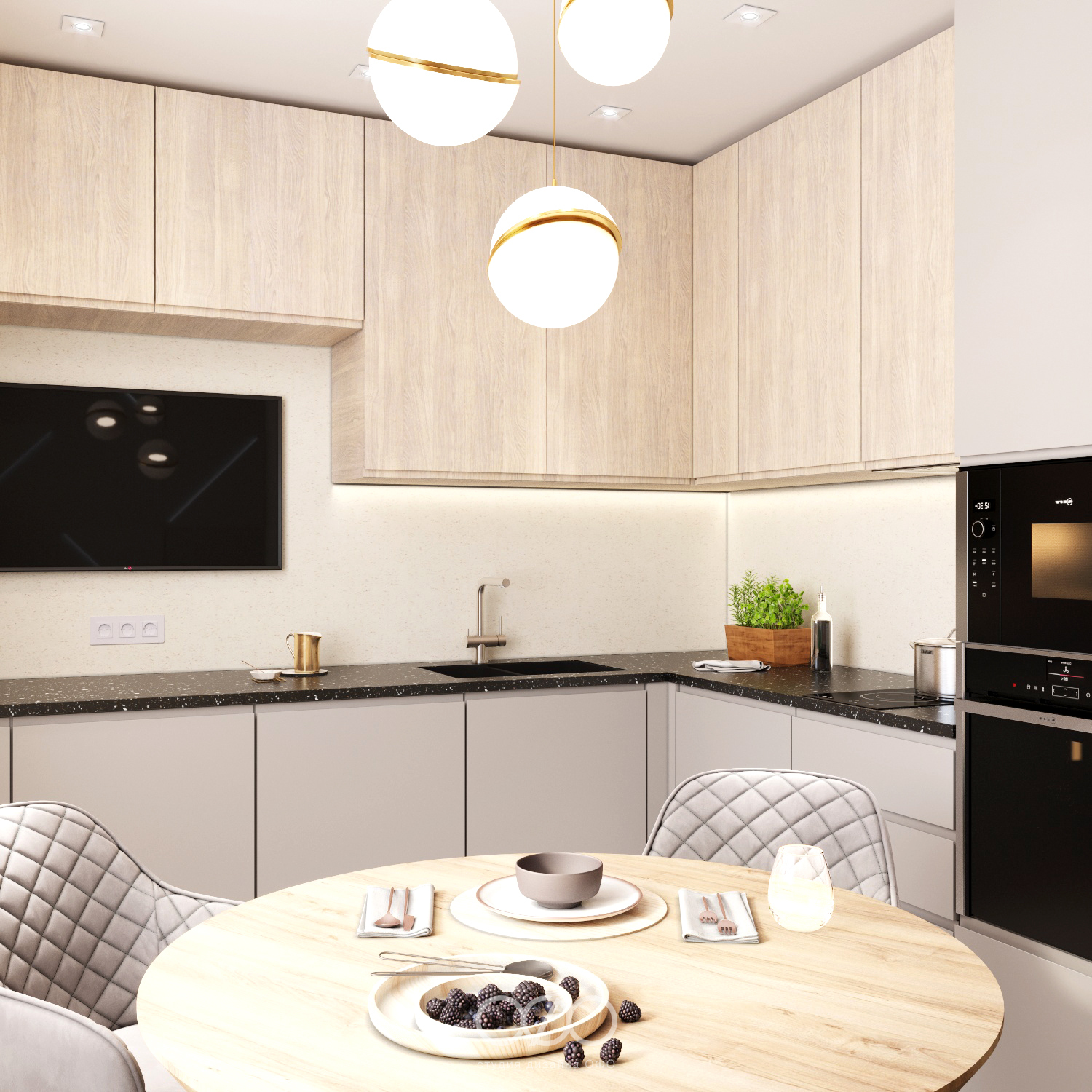 Дизайн маленькой кухни в стиле лофт с серыми стенами и диваном d рендер